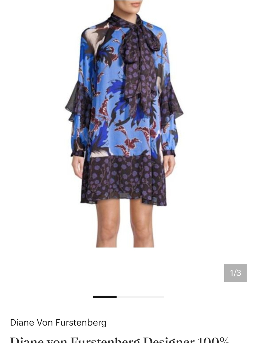 Diane Von Furstenberg Blue and Purple Floral Tie-Neck Long Sleeve Dress